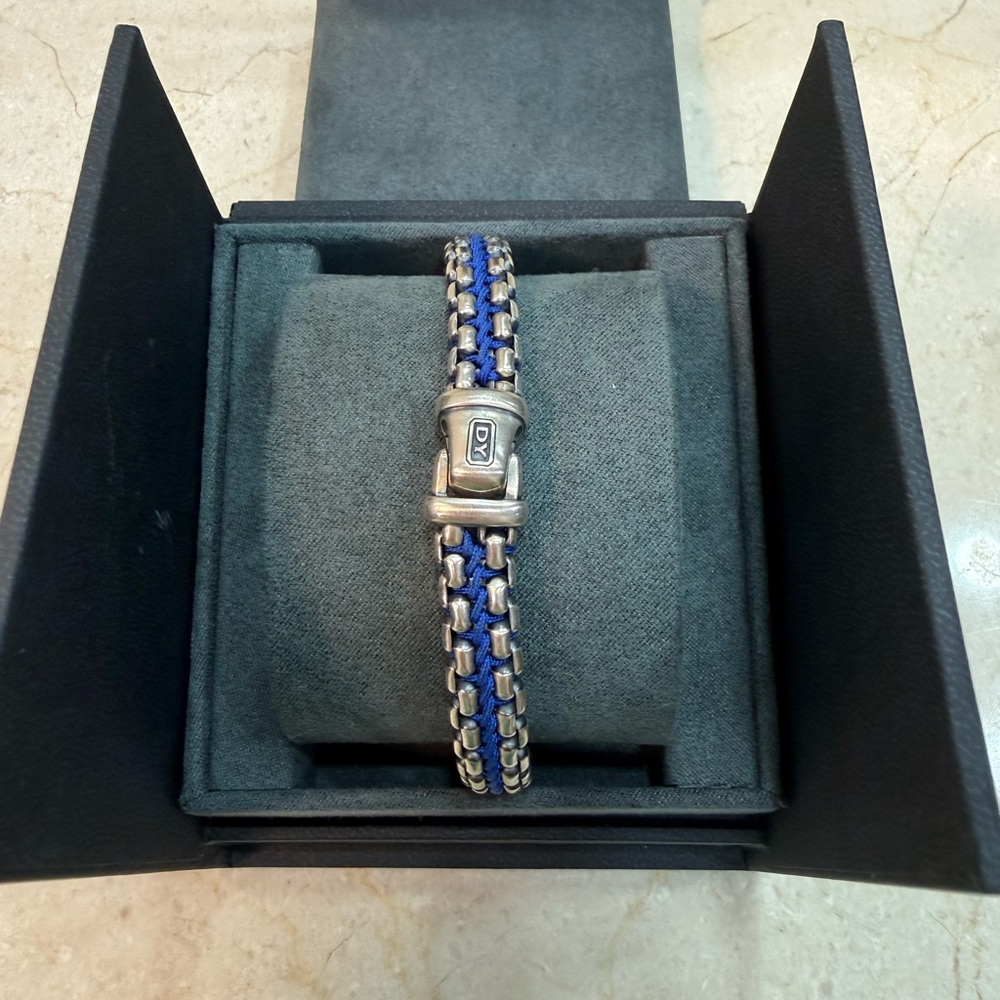 David Yurman Woven Box Chain Bracelet 10mm Sterling Silver Blue Nylon - size L
